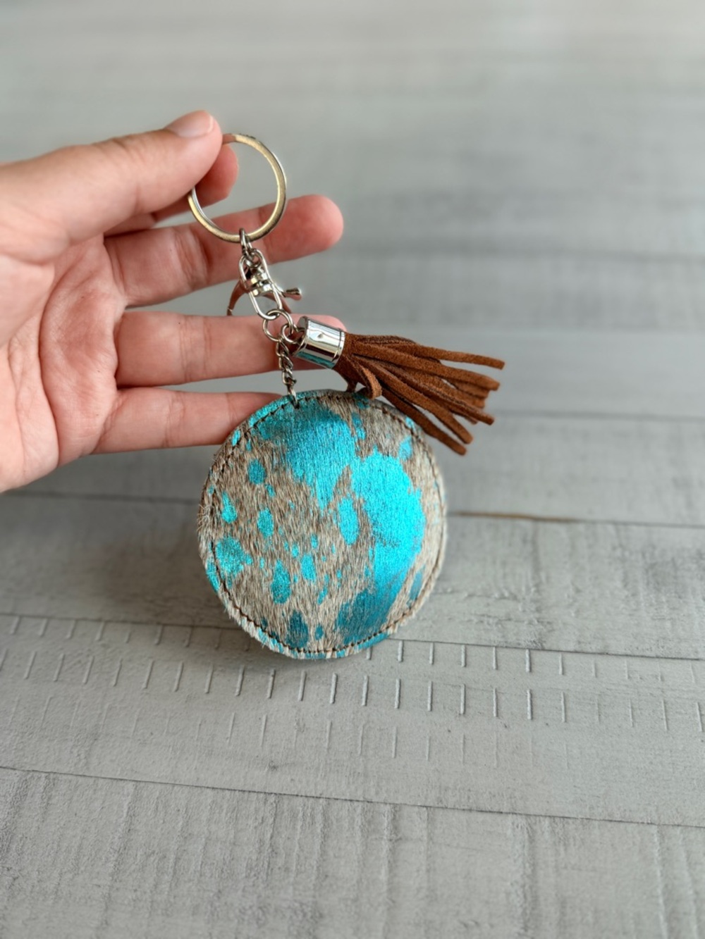Western Acid Wash Round Turquoise & Gray Cowhide Keychain with Brown Tassel